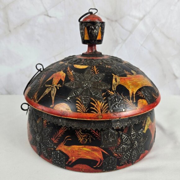 Vintage Round Middle Eastern Wooden Spice Box Hand Carved Hand Painted - Picture 3 of 16